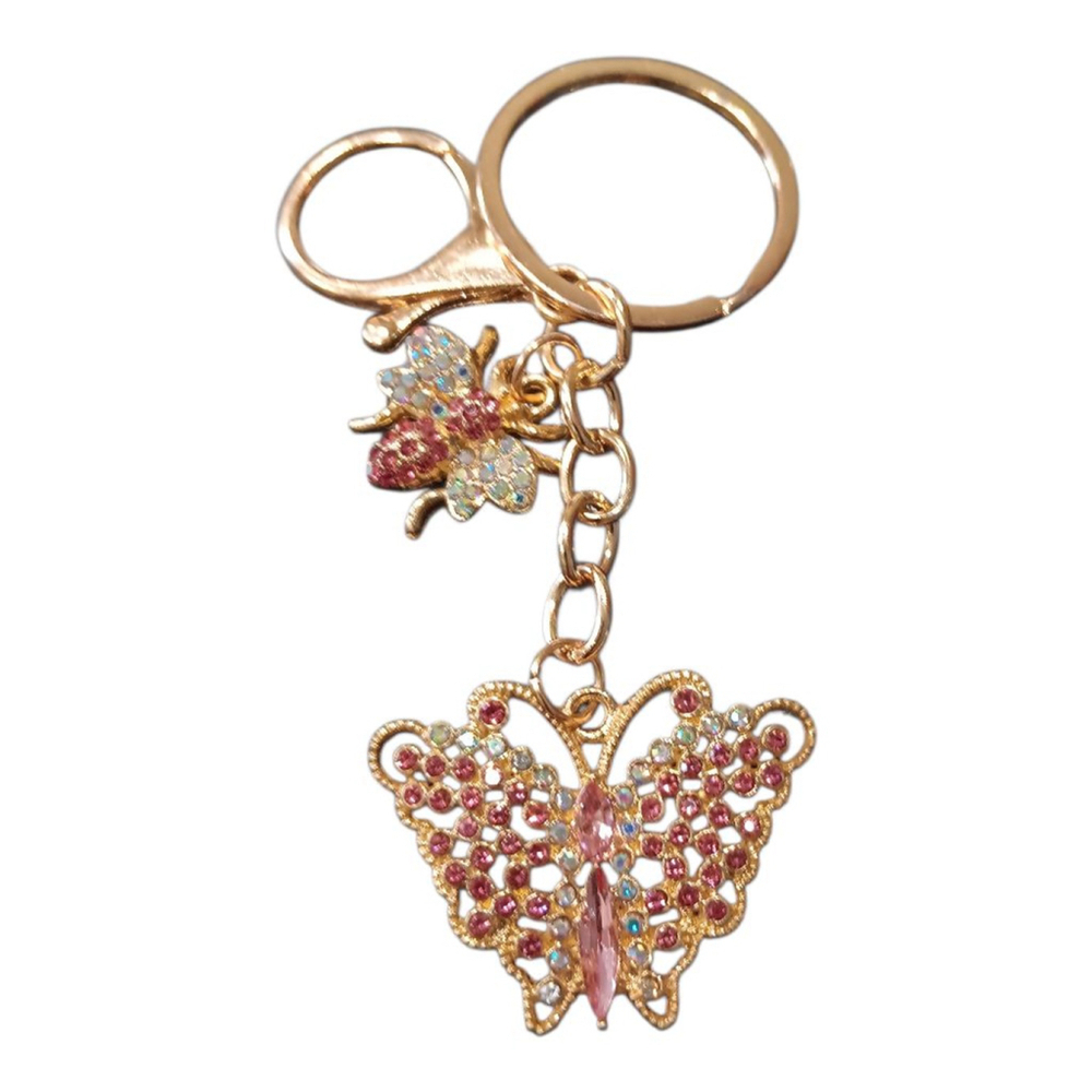 Beautiful Pink Rhinestone Butterfly Bumblebee Gold Tone Keychain Purse Charm